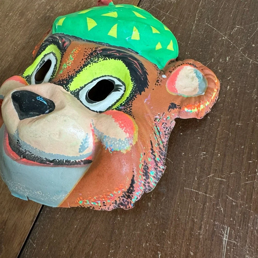 Vintage Ben Cooper 1970s Plastic‎ Bear with Hat Neon black light full face mask